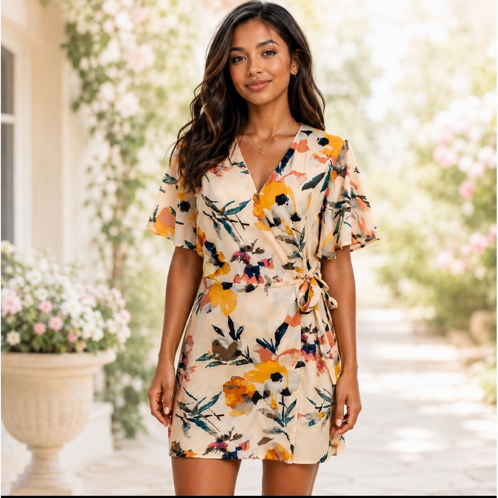 BCBGeneration‎ Floral Mini Wrap Dress Juniors L V Neck Rayon Summer Event Party